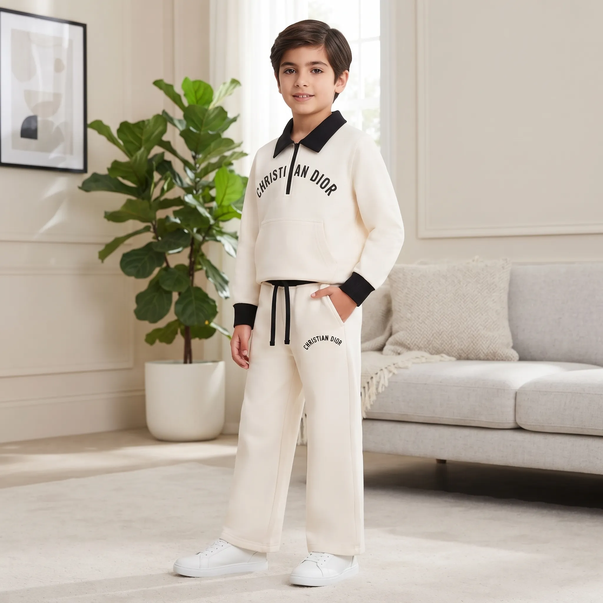 Boys’ Black & off white Fleece Tracksuit Set – Contrast Polo Collar Half-Zip Sweatshirt thumbnail 2