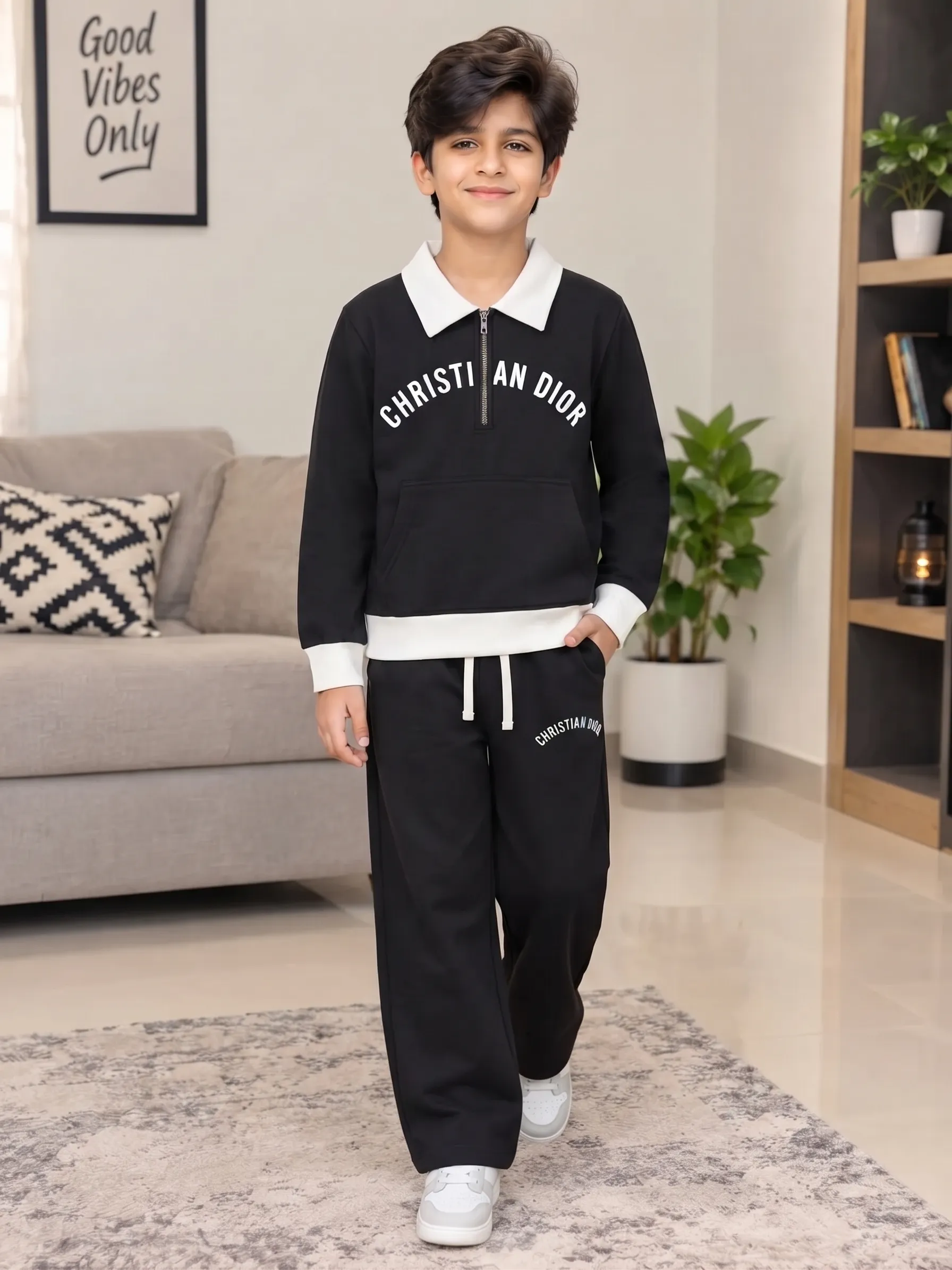 Boys’ Black & White Fleece Tracksuit Set – Contrast Polo Collar Half-Zip Sweatshirt alternate