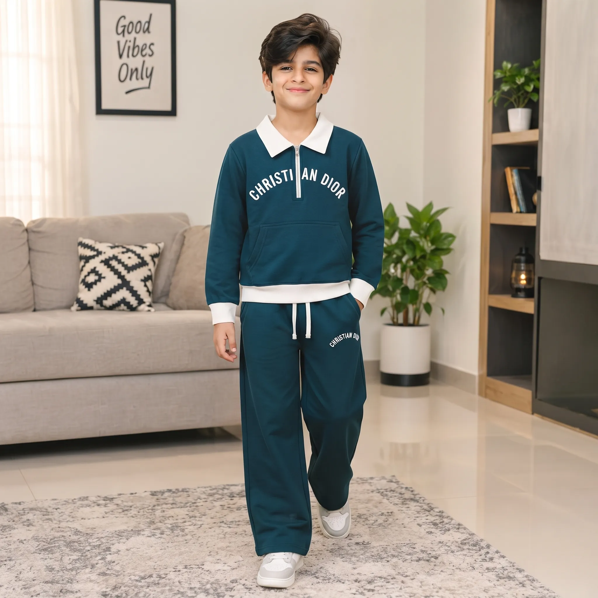 Boys’ Black & Zinc Fleece Tracksuit Set – Contrast Polo Collar Half-Zip Sweatshirt