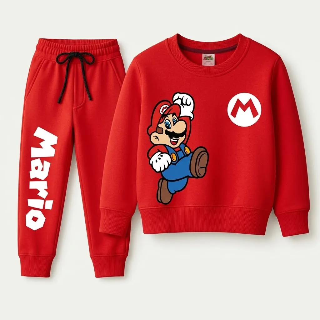 Boys Red Super Mario Print Fleece Tracksuit | Sweatshirt & Jogger Trouser