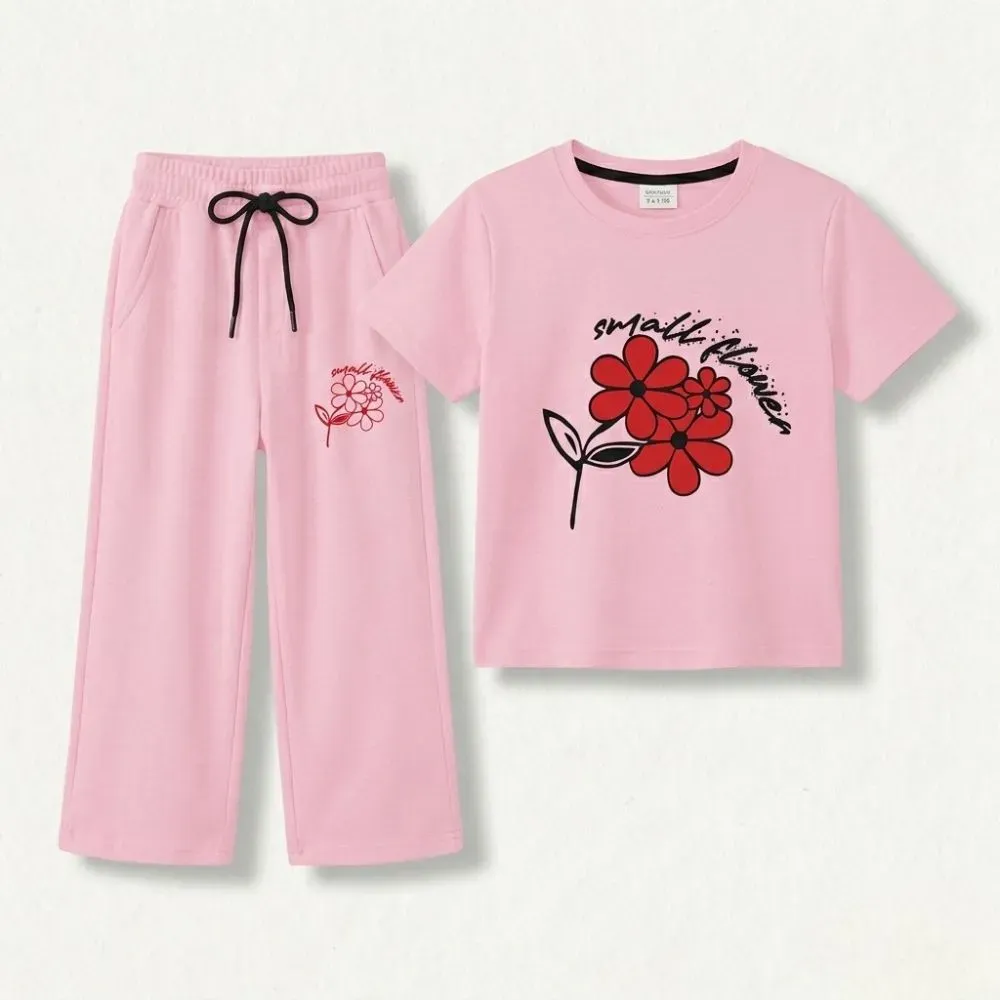 Pink sweatpants and matching t-shirt set with floral design and smart flowers print