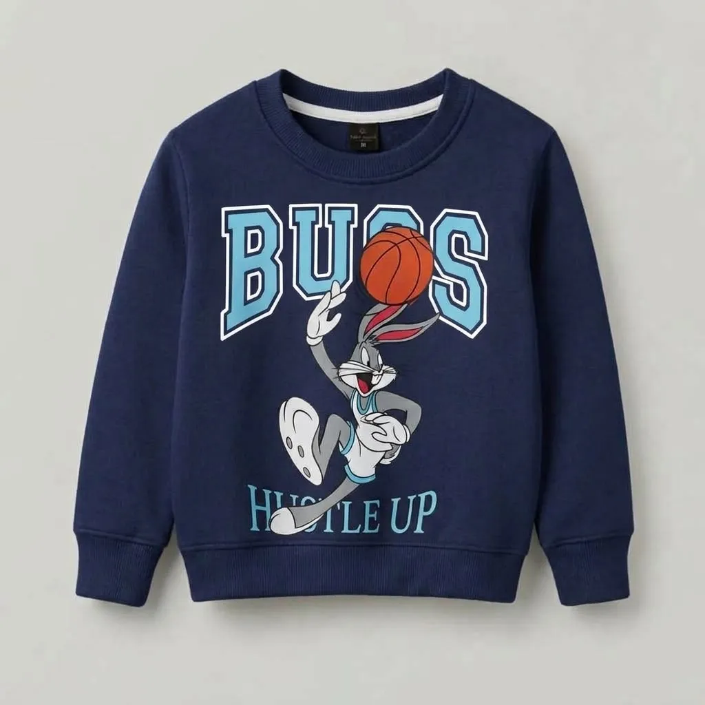 Boys Navy Cartoon Basketball Print Fleece Sweatshirt | Crew Neck Pullover