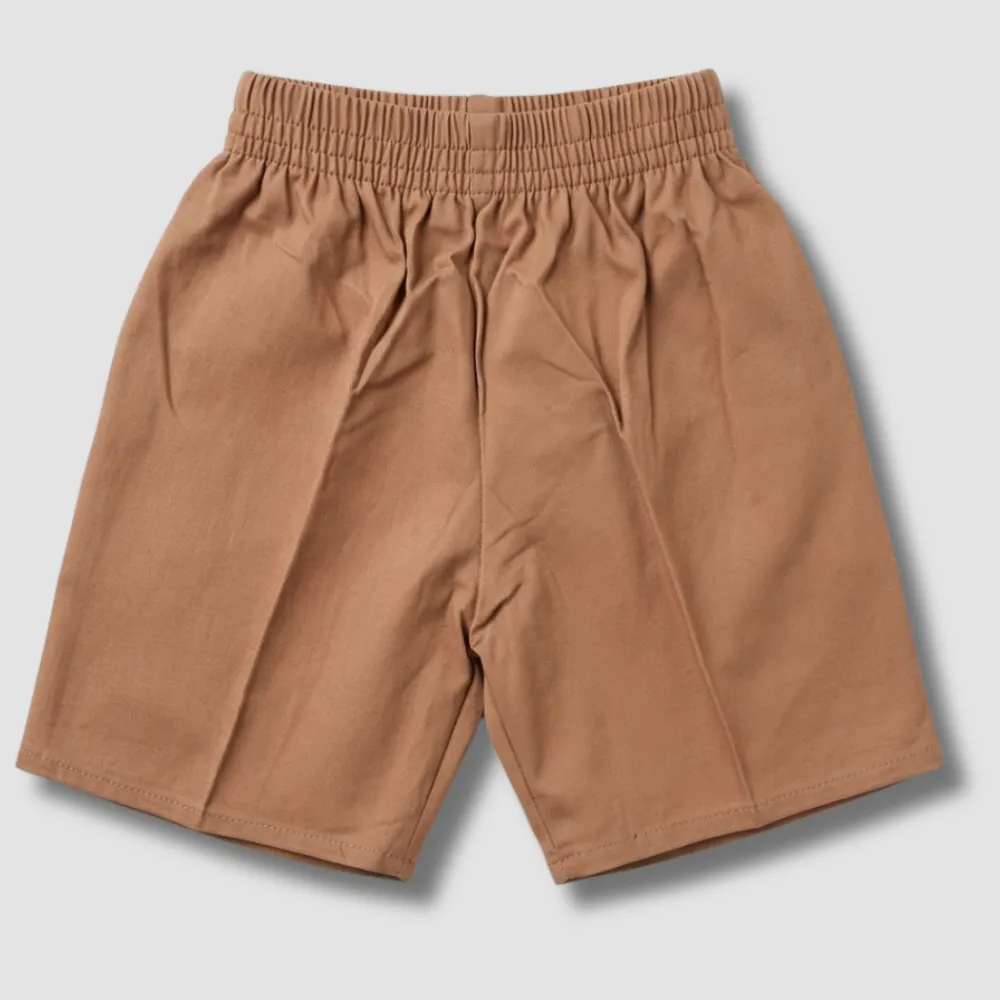Brown elastic waist shorts made from a lightweight material, perfect for casual summer wear.