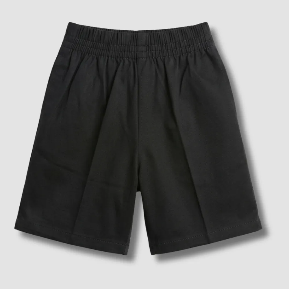 Black athletic shorts with elastic waistband and pleated front.