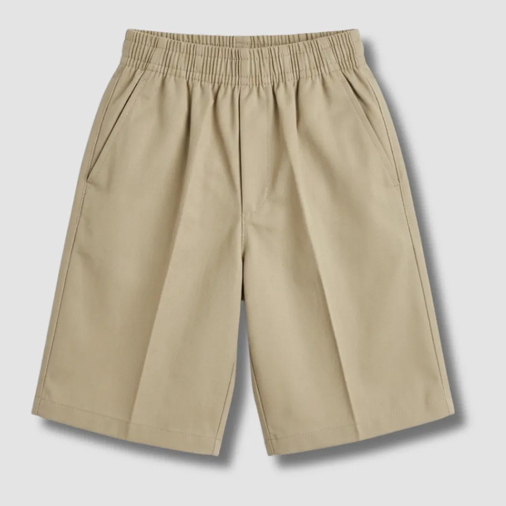 Khaki colored shorts with an elastic waistband and two front pockets, made of a soft, lightweight fabric.