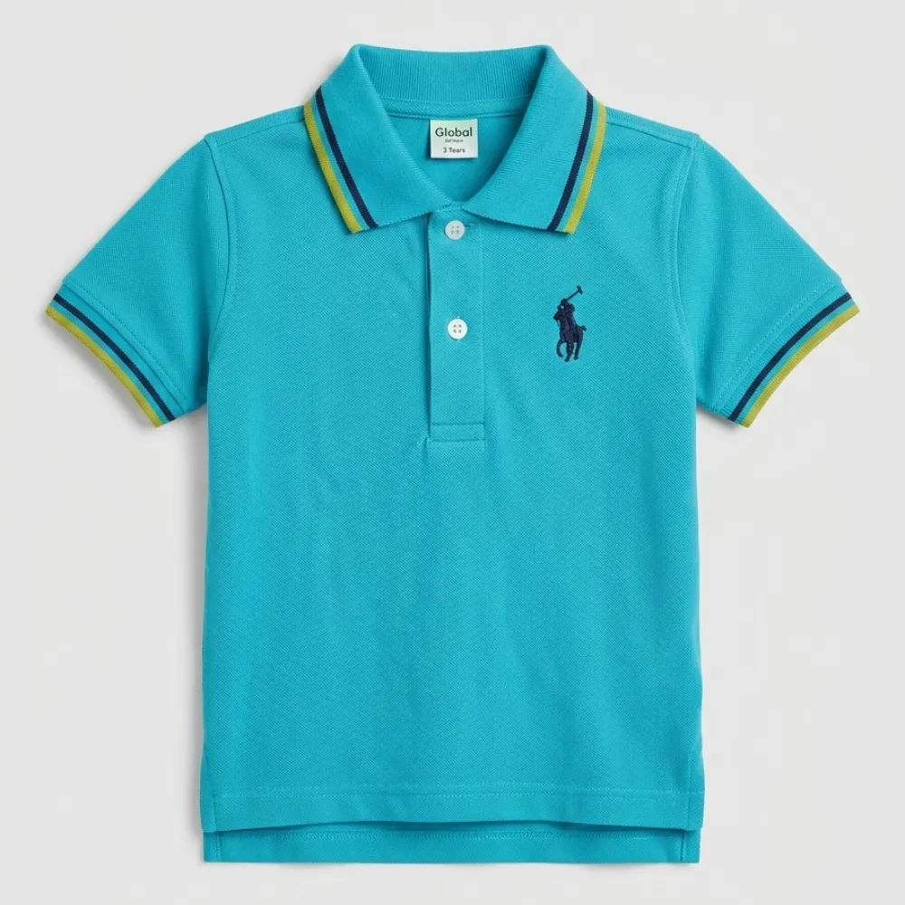 A turquoise polo shirt with yellow and navy blue trim, featuring a small polo player logo on the left chest, designed for children aged 3 years.