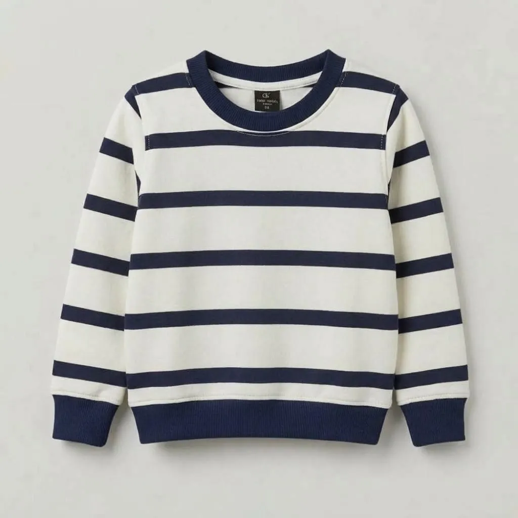 Boys Navy & White Striped Fleece Sweatshirt | Classic Crew Neck Pullover