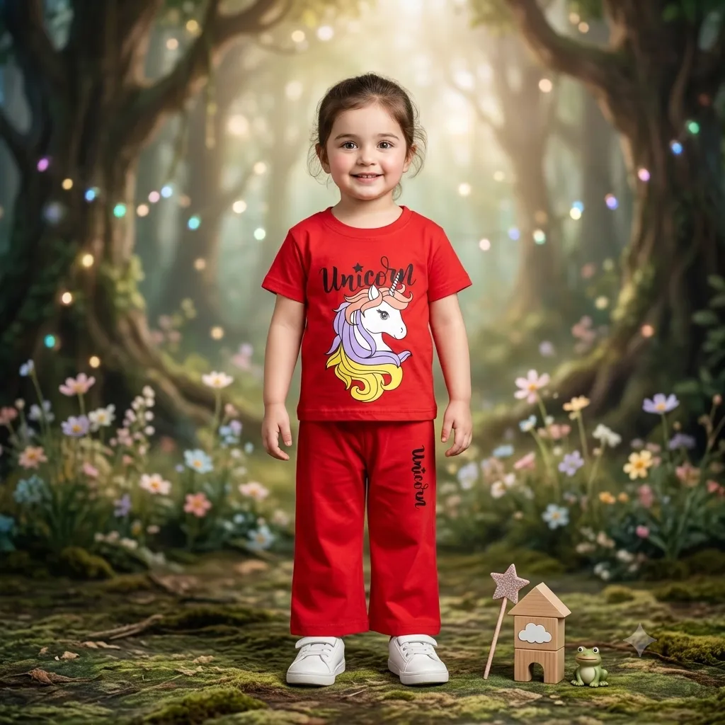 Little girl wearing red unicorn themed t-shirt and matching pants standing in a forest.