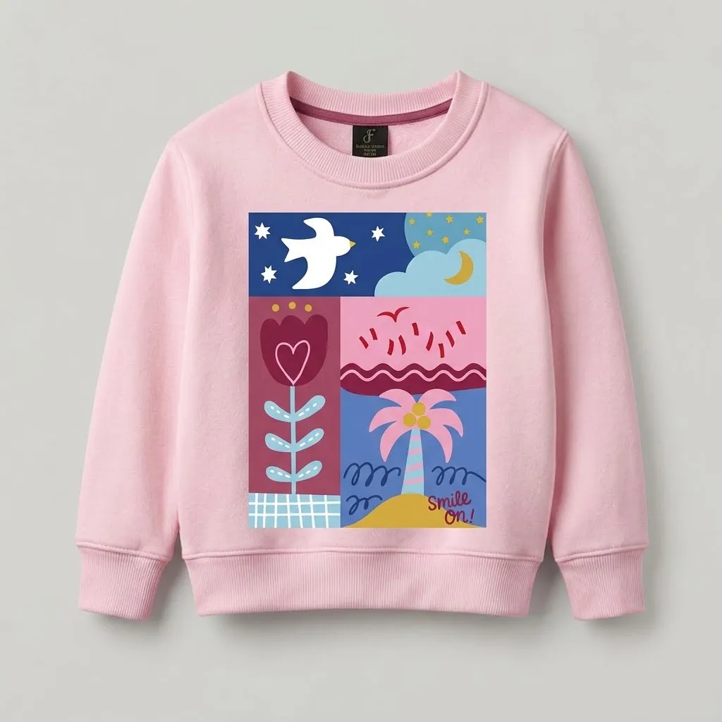 Girls Pink Graphic Print Fleece Sweatshirt | Colorful Art Crew Neck Top