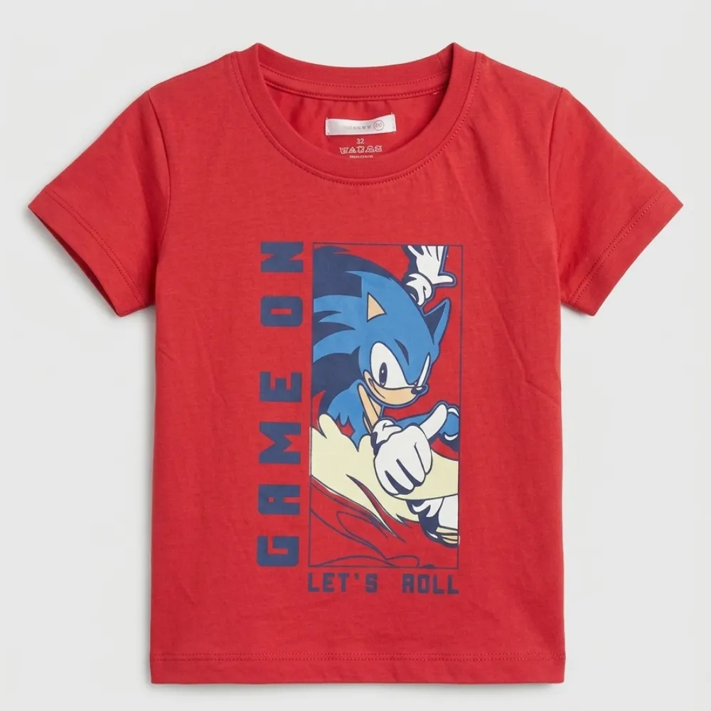 Red t-shirt with Sonic the Hedgehog graphic and text for kids