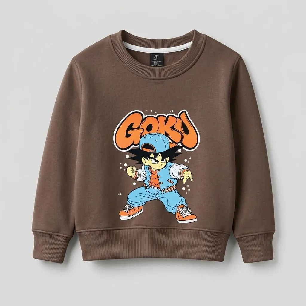 Boys Brown Goku Cartoon Print Fleece Sweatshirt | Graphic Crew Neck Pullover