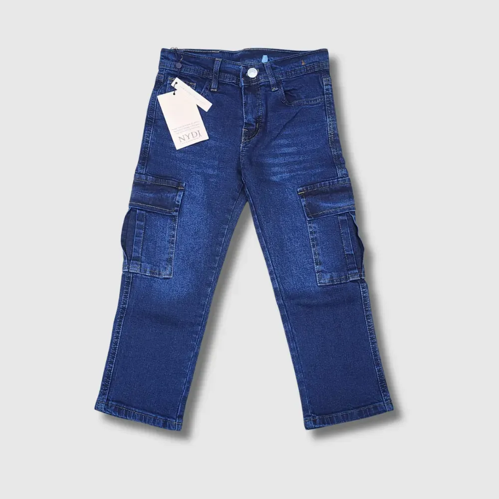 Dark blue denim cargo jeans with NYDJ brand tag, featuring multiple pockets and a straight-leg fit.