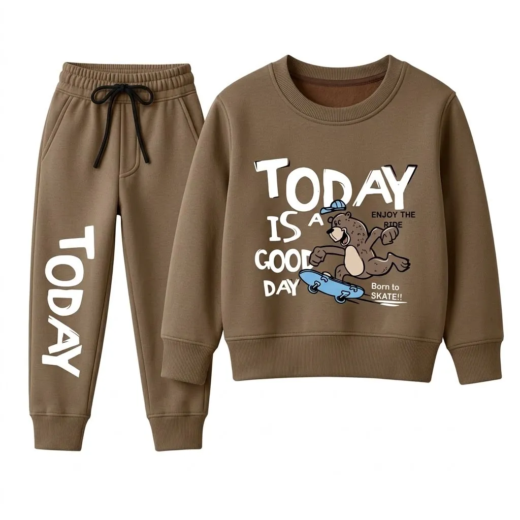 Boys Brown Skater Bear Print Fleece Tracksuit | Sweatshirt & Jogger Set
