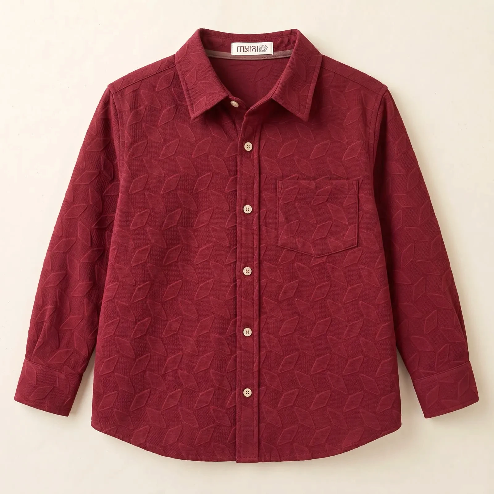 Boys Maroon Textured Full Sleeve Cotton Shirt | Casual Collar Shirt