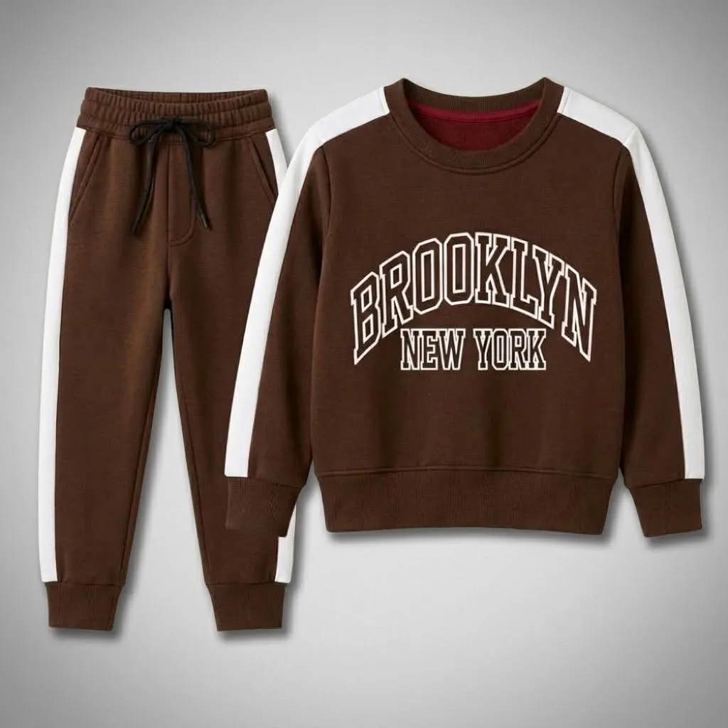 Boys Brown Brooklyn Fleece Tracksuit | Side Stripe Sweatshirt & Jogger