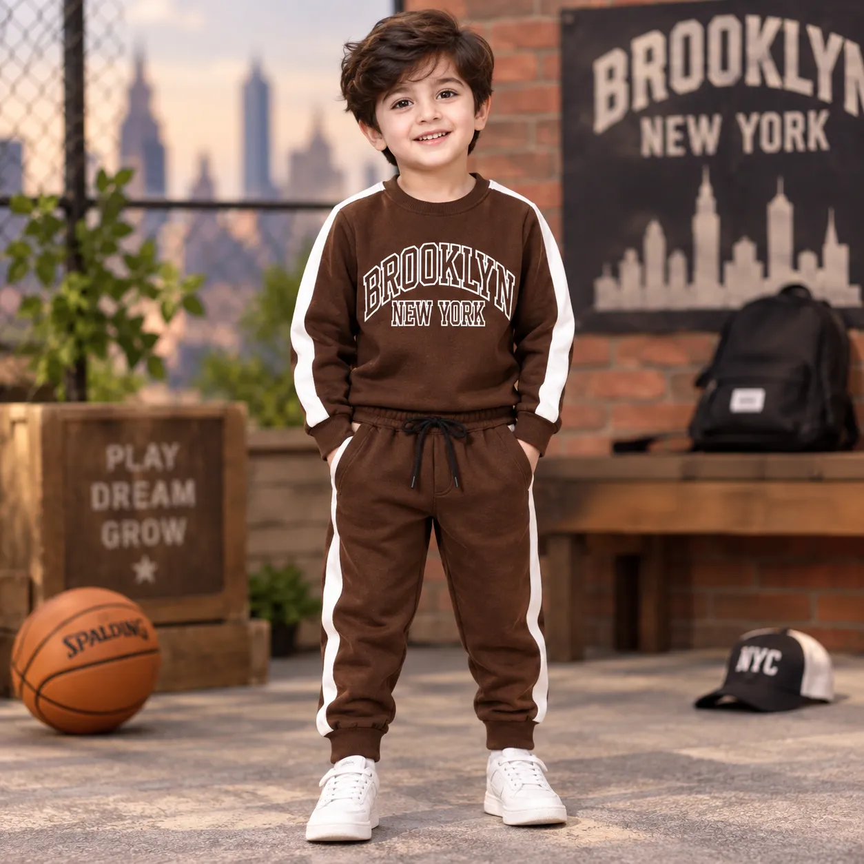 Boys Brown Brooklyn Fleece Tracksuit | Side Stripe Sweatshirt & Jogger alternate