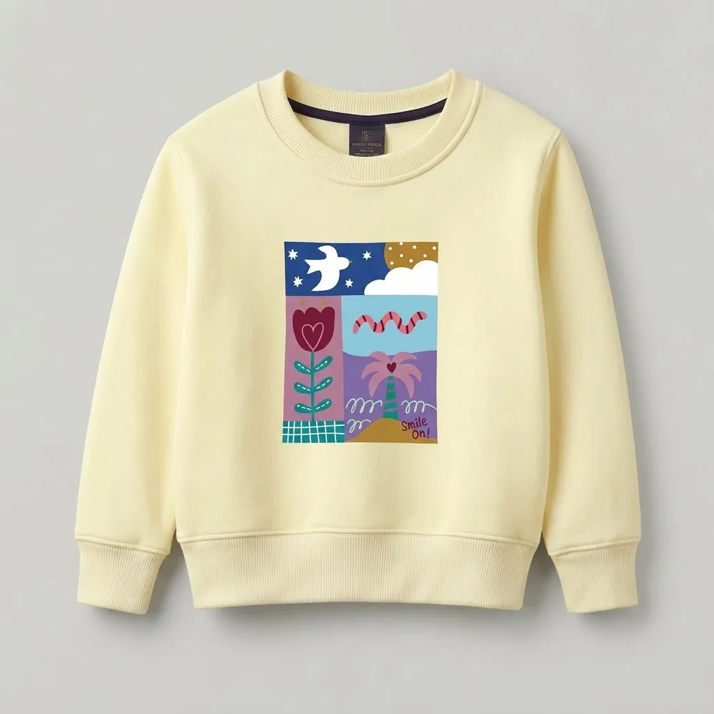 Girls Pastel Yellow Graphic Print Fleece Sweatshirt | Art Crew Neck Top