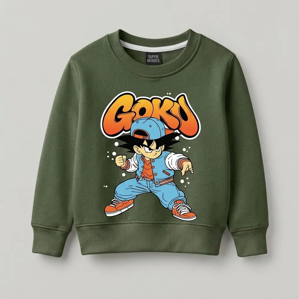 Boys Olive Green Cartoon Print Fleece Sweatshirt | Graphic Crew Neck Top