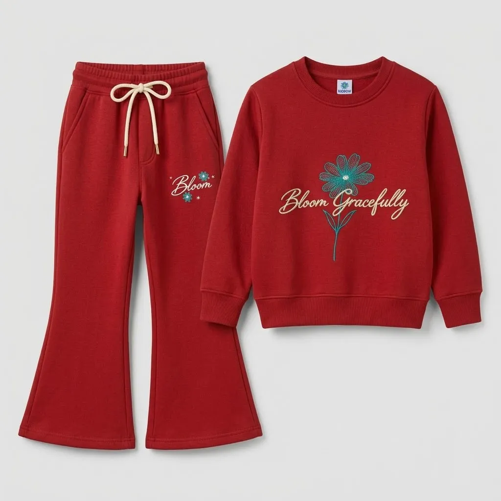 Girls Red Bloom Embroidered Fleece Tracksuit | Sweatshirt & Flared Trouser