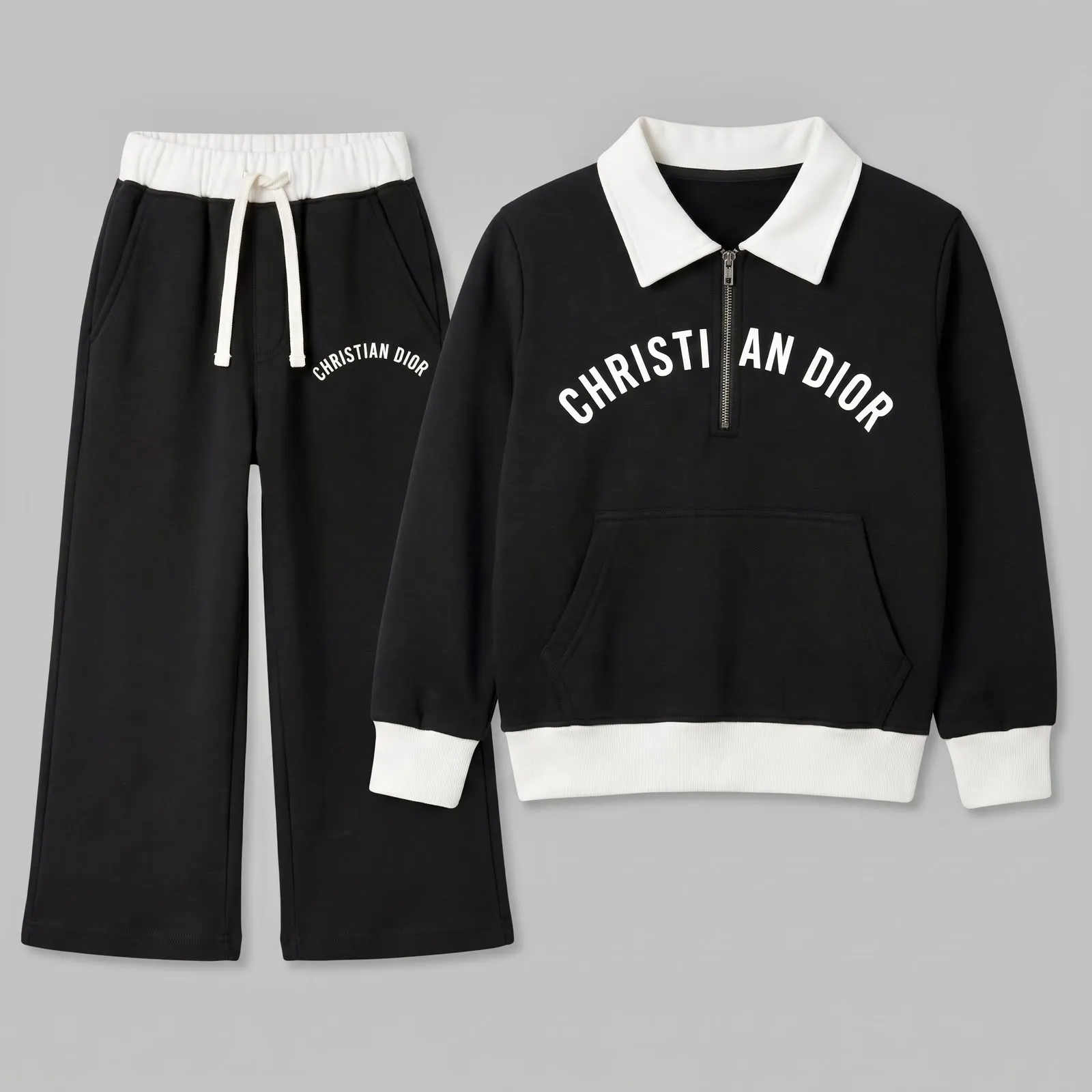 Boys’ Black & White Fleece Tracksuit Set – Contrast Polo Collar Half-Zip Sweatshirt thumbnail 1