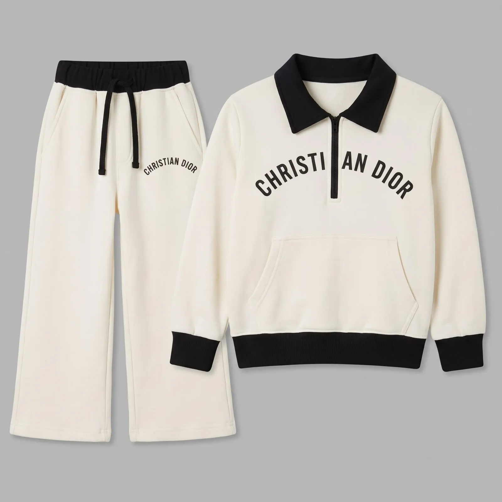 Boys’ Black & off white Fleece Tracksuit Set – Contrast Polo Collar Half-Zip Sweatshirt