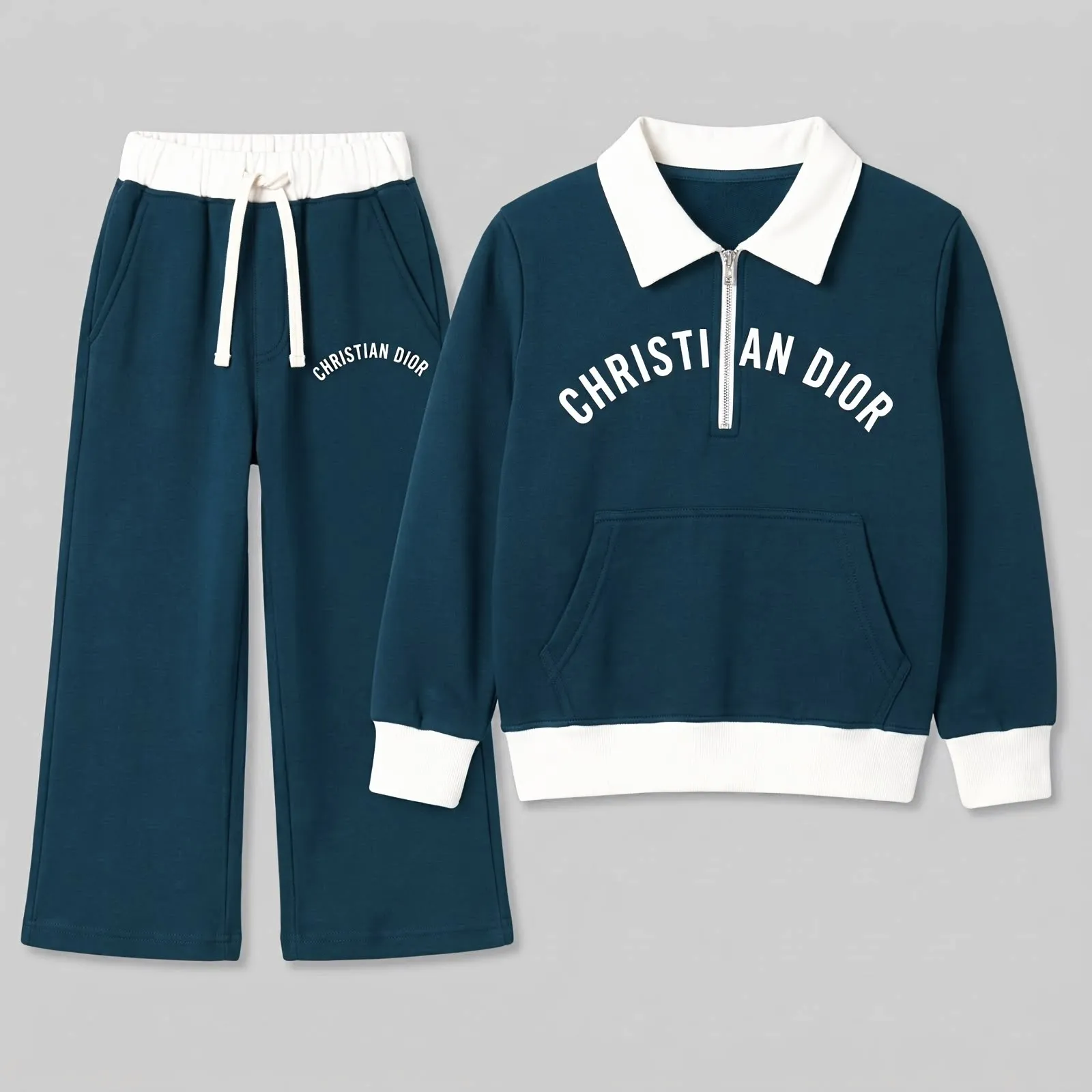 Boys’ Black & Zinc Fleece Tracksuit Set – Contrast Polo Collar Half-Zip Sweatshirt thumbnail 1